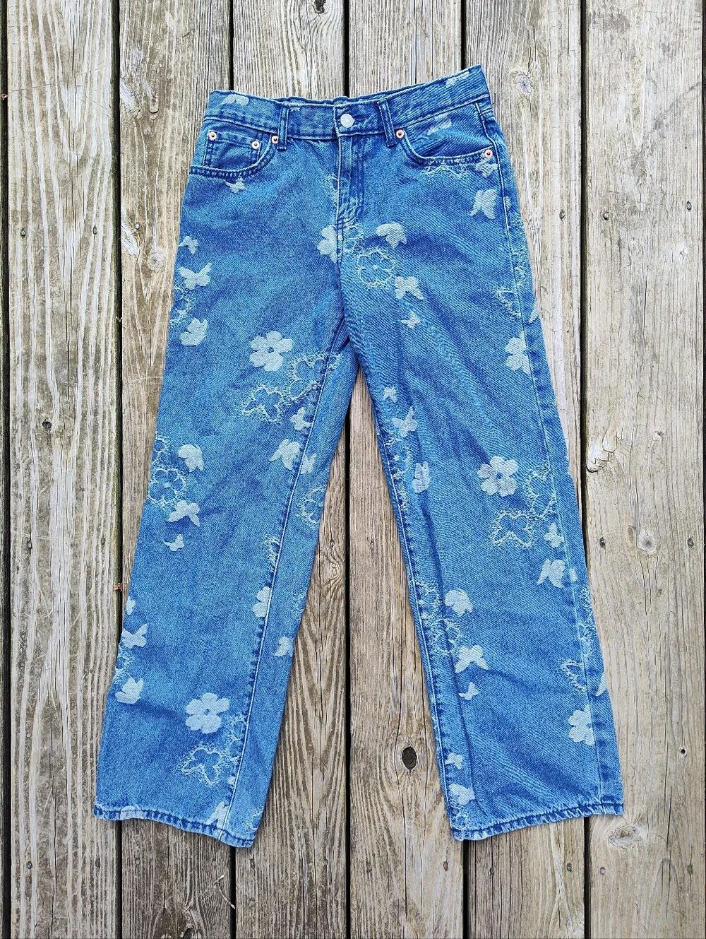 Levi's Big Girls Sz 14 Wide Leg Blue Jeans Butterfly Flower Jacquard 28